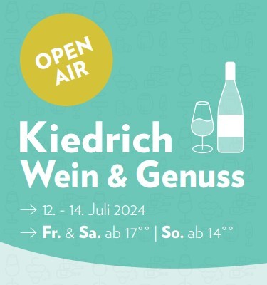 Werbung Open Air Veranstaltung mit Termin und einem gezeichnetem halbvollem Weinglas und einer Weinflasche in türkis auf dunkel-türkisem Hintergrund.