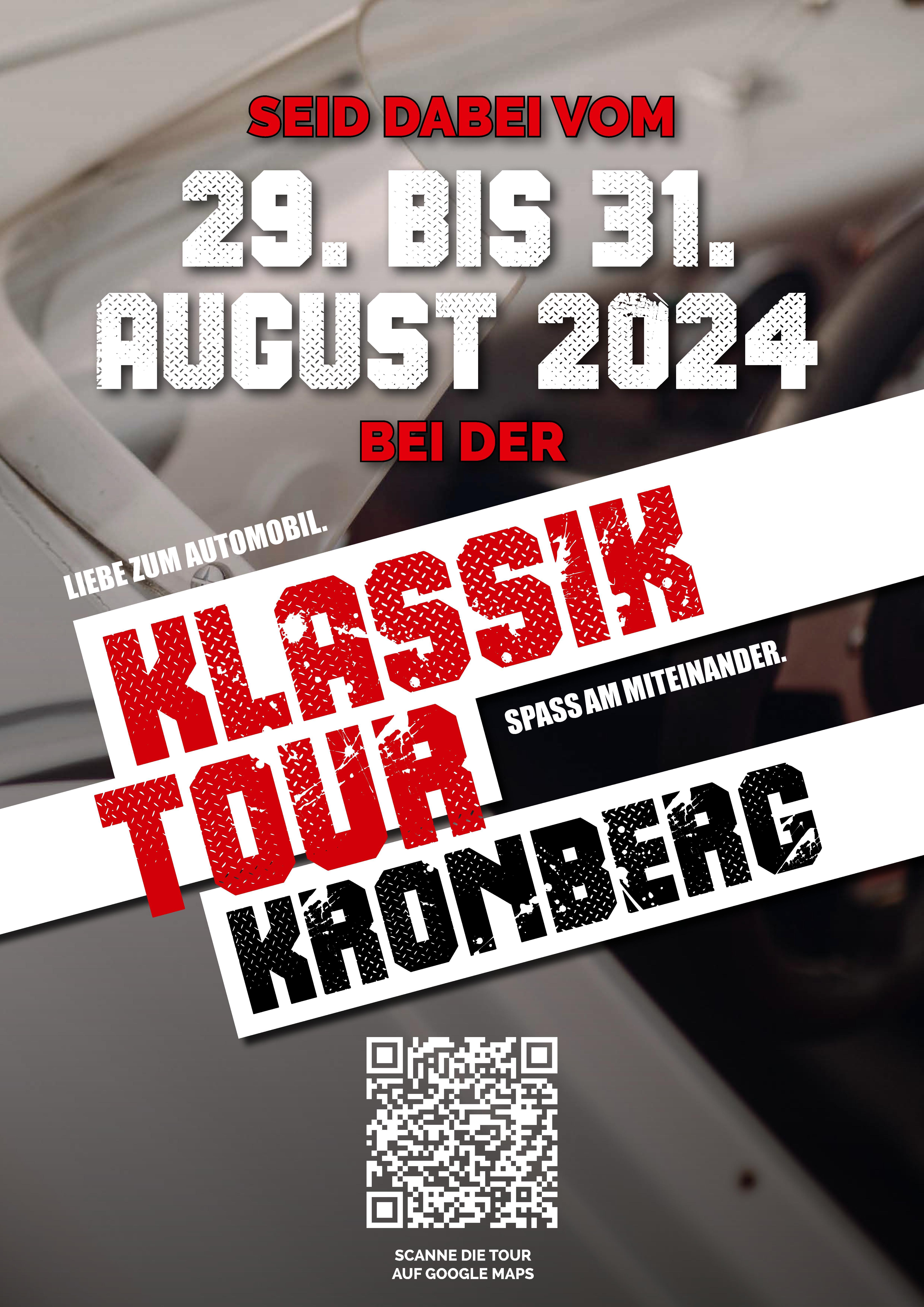 Plakat in schwarz, weiß, rot, auf dem Werbung für Klassik Tour Kronberg gemacht wird.
