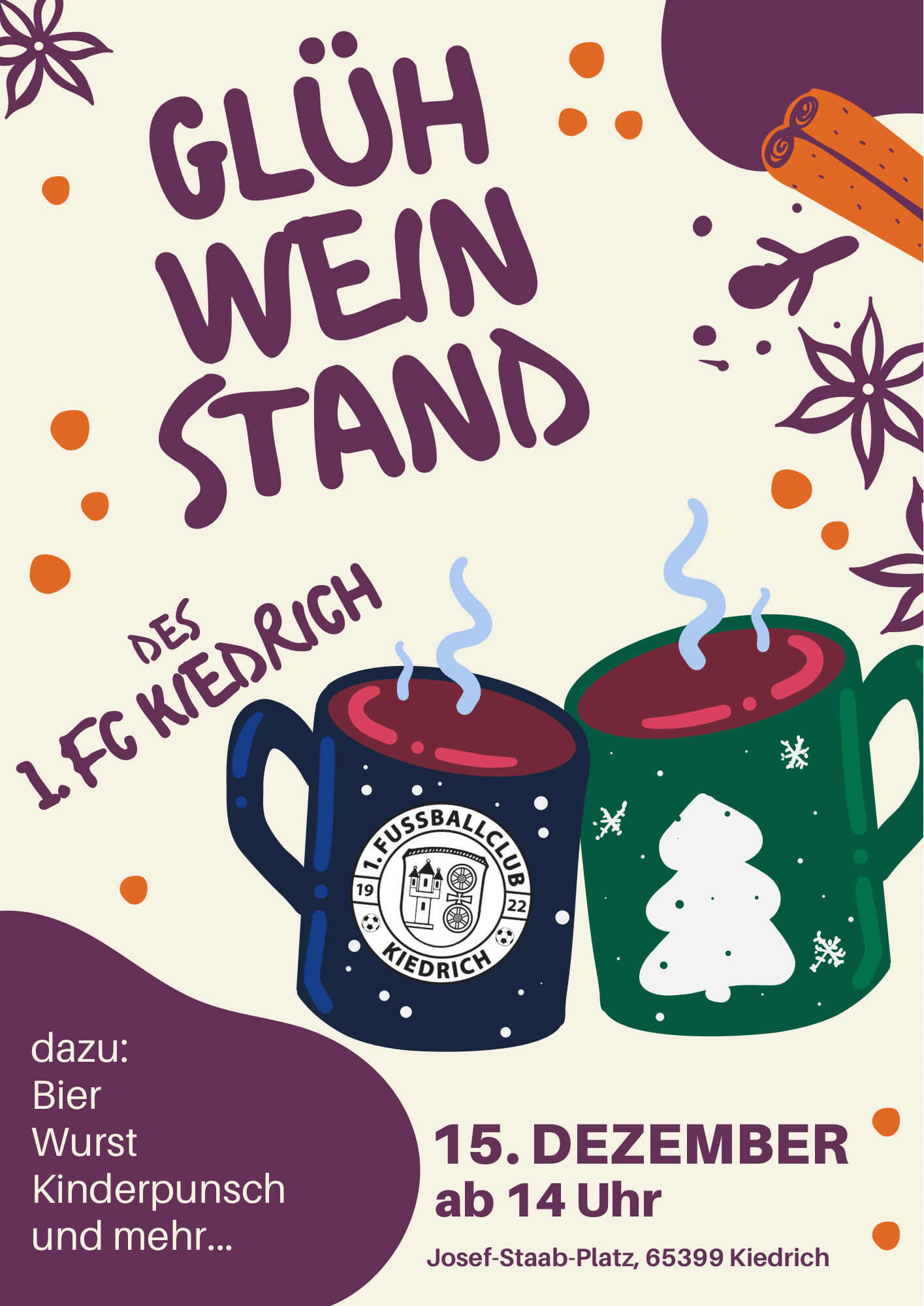 Zwei gezeichnete Glühweintassen, gefüllt mit roter dampfender Flüssigkeit , auf der einen Tasse ein Weihnachtsbaum und Schneeflocken und auf der anderen Tasse das Logo des 1. FC Kiedrich.