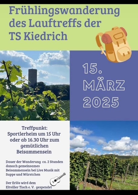 Plakat für Frühlingswanderung mit Weinreben und blauem Himmel mit weißen Wolken , rechts unten im Bild und links mittig ein Bild mit Weinreben und dem Blick auf die BUrgruine Scharfenstein und Bäumen herum sowie Wolken und blauem Himmel.