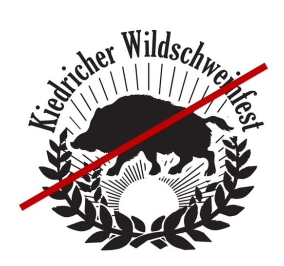 Logo des Kiedricher Wildschweinfestes in schwarz-weiß und ein roter Strich, quer über das Bild. "Kiedricher Wildschweinfestes" ist oben genannt und unten sind halbkreisförmig vier Lorbeerzweige. Darüber ist ein weißer Kreis, von dem schwarze Strahlen nach oben abgehen. Vor den Strahlen ist ein schwarzes Wildschwein gezeichnet.