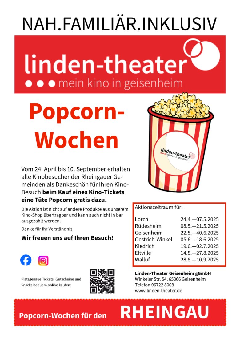 Plakatwerbung der Linden-Theater Geisenheim gGmbH für die Popcorn-Wochen für den Rheingau.