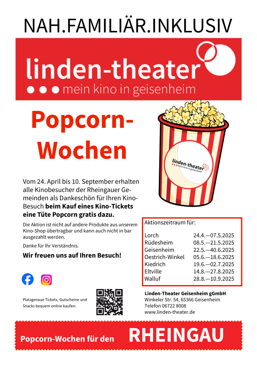 Plakatwerbung der Linden-Theater Geisenheim gGmbH für die Popcorn-Wochen für den Rheingau.