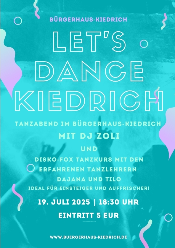 Plakatwerbung Lets Dance auf blau-lila-türkisem Untergrund.