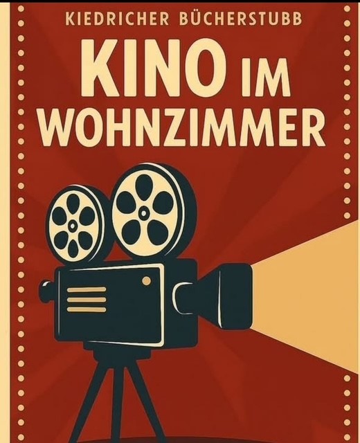 Vor einem weinroten Hintergrund steht eine gezeichnete alte Filmkamera mit zwei Filmspulen und Lichtkegel. 