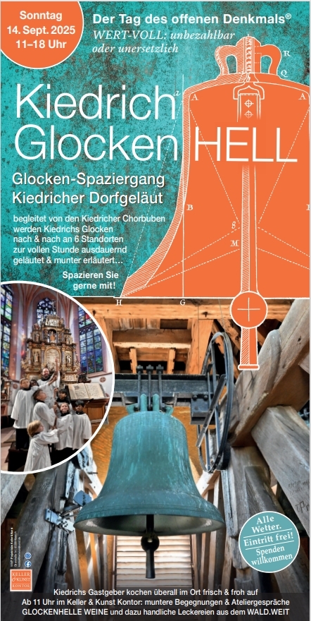 Flyer für Kiedrich Glocken HELL mit Darstellung einer gezeichneten Glocke in orange und einer echten Glocke in mint um die Holzgebälk drum herum ist. Ebenso ein Foto des goldenen Hochaltares mit bunten Kirchenfenstern im Hintergrund und fünf Kindern und einem Erwachsenem im weiß-schwarzem Chorrock.