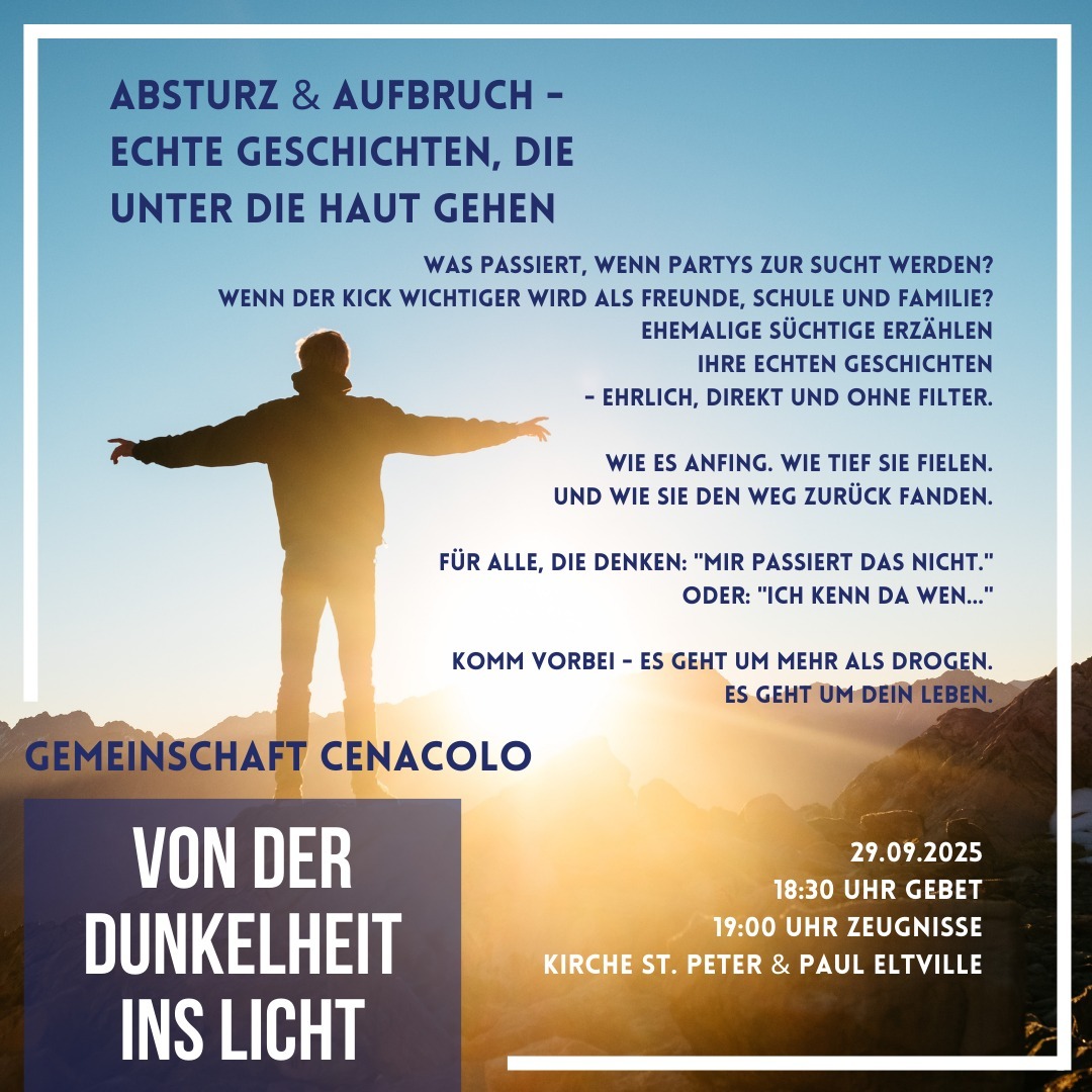 Ein Mann steht mit ausgespreitzten Armen auf einem Felsen. Man sieht die Rückenansicht. Um ihn herum sind ebenso Felsen und eine aufgehende Sonne, bzw. deren Strahlen zu erkennen. Der Himmel ist blau. Auf dem Bild ist Werbung und die Beschriebung zu einer Veranstaltung.