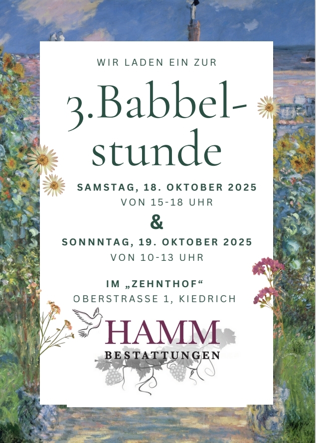 Flyer Hamm Bestattungen für die 3. Babbelstunde. Umrahmt ist der Text mit gemalten bunten Blumen und einem Himmel mit Wolken und einem Weg.