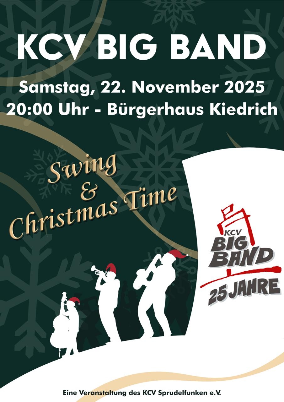 Plakatwerbung für ein Konzert. Im Hintergrund sind olivfarbene Schneeflocken auf dunkelgrünem Untergrund und in weiß sind drei Personen mit roten Nikolausmützen abgebildet, die Saxophon, Trompete und Cello spielen.