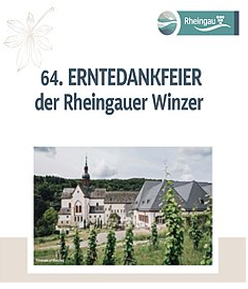 Auschnitte des Flyers zur Erntedankfeier mit Blick auf das weiße Kloster Eberbach mit roten Umrandungen um die Fenster.