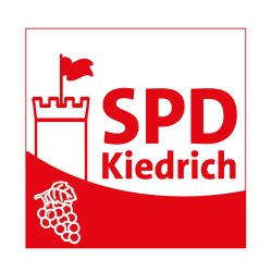 Logo SPD- Auf weißem Untergrund ist die Burgruine Scharfenstein mit einer roten wehenden Fahne gezeichnet und ein Hang, in dem in weiß eine Traube abgebildet ist. In roten Buchstaben steht rechts neben der Burg SPD Kiedrich.