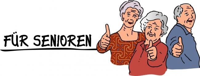 Zwei Damen mit grauen Haaren und roten Pullovern stehen neben einem Herrn mit grauen Haaren und Halbglatze, der einen blauen Pullover trägt. Alle zeigen den Daumen hoch. Es handelt sich um eine Zeichnung. Links davon steht "für Senioren".