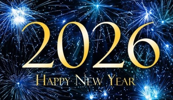 In gold steht die Zahl 2026 und in Großbuchstaben Happy New Year. Auf dunkelblauem Hintergrund ist ein hellblaues-silbernes Feuerwerk.
