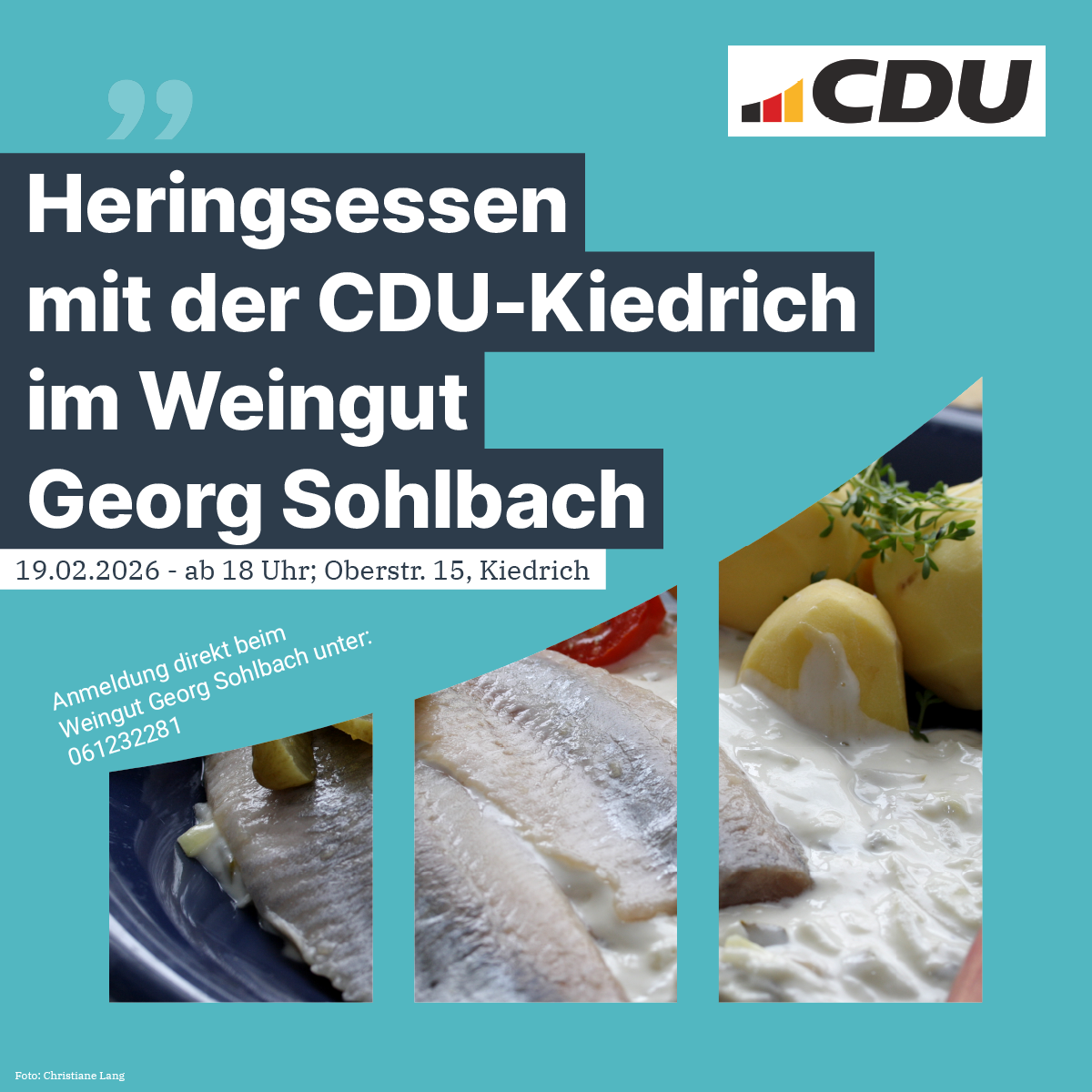 Plakatwerbung. Im unteren Bereich des Plakates sind Heringe in heller Sahnesauce und Kartoffeln sowie Petersilie abgebildet.