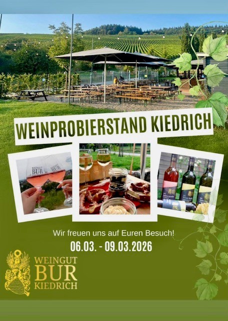 Oben auf dem Bild sieht man den Weinprobierstand mit aufgebauten Bierzeltgarnituren und geöffneten großen grauen Sonnenschirmen und Lichterketten mit weißen Glühbirnen. Dahinter sind Weinberge und dahinter ein Wald. Der Himmel ist blau. Im unteren Bereich sind drei Bilder, die weiß umrahmt sind. Auf dem linkem Bild sind zwei Weingläser, gefüllt mit Rose und zwei Hände halten die Gläser und stoßen damit an. In der Mitte sind auf einem Tisch ein Glas mit Spundekäse, eins mit Oliven, dahinter ein Glas mit blauen Trauben und Käsewürfeln und zwei Laugenbrezeln auf roten Servietten. Dahinter stehen zwei mit Weißwein gefüllte Gläser. Auf dem rechten Bild stehen zwei Weinflaschen aus grünem Glas und links dabvon eine weiße Glasflasche mit Rose und davor liegt eine grüne Weinflasche.