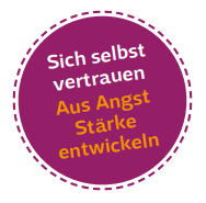 Ein lila Kreis mit lila Strichen um den Kreis. Im Kreis ist in weißer und oranger Farbe etwas geschrieben.