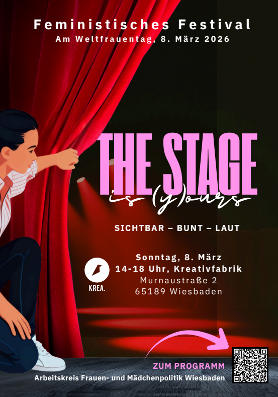 Das Plakat ist gezeichnet. Eine Jugendliche mit braunen zurückgebundenen Haaren kniet auf einer Bühne. Sie hat eine blaue Hose an und weiße Sneaker. Die Bluse ist weiß mit orangenen Streifen. Sie zieht mit einer Hand den roten Bühnenvorhang zurück. Im Hintergrund leuchten drei Scheinwerfer und haben einen roten Lichtkegel.