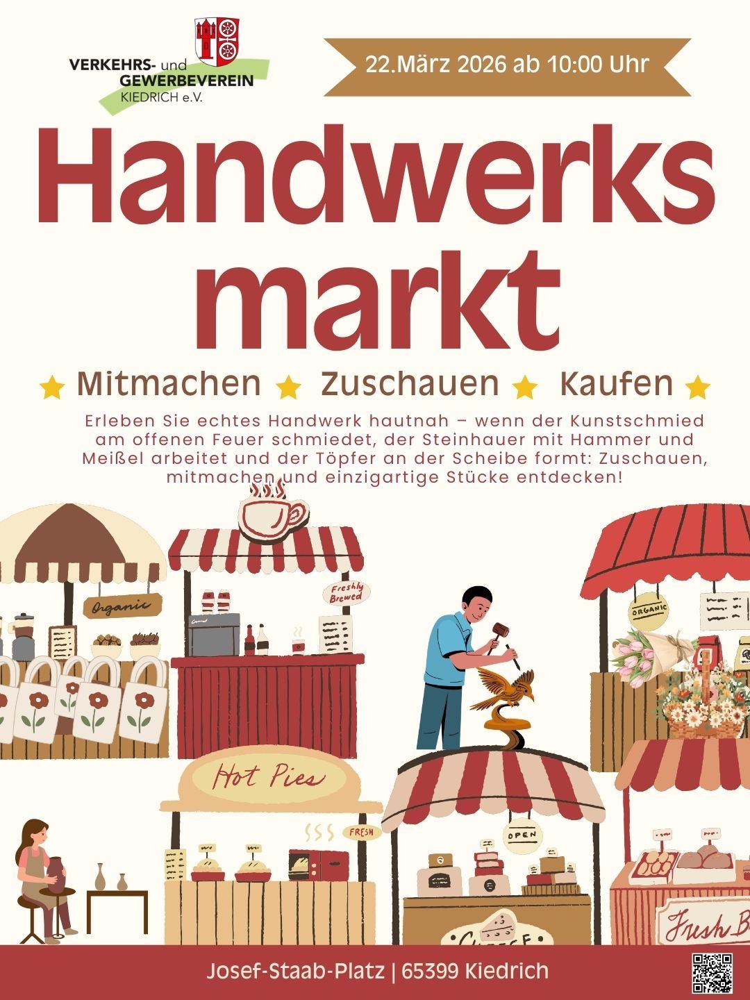 Handwerksmarkt - 1 Plakatwerbung für einen Handwerksmarkt mit gezeichneten Ständen, Waren und Menschen.
