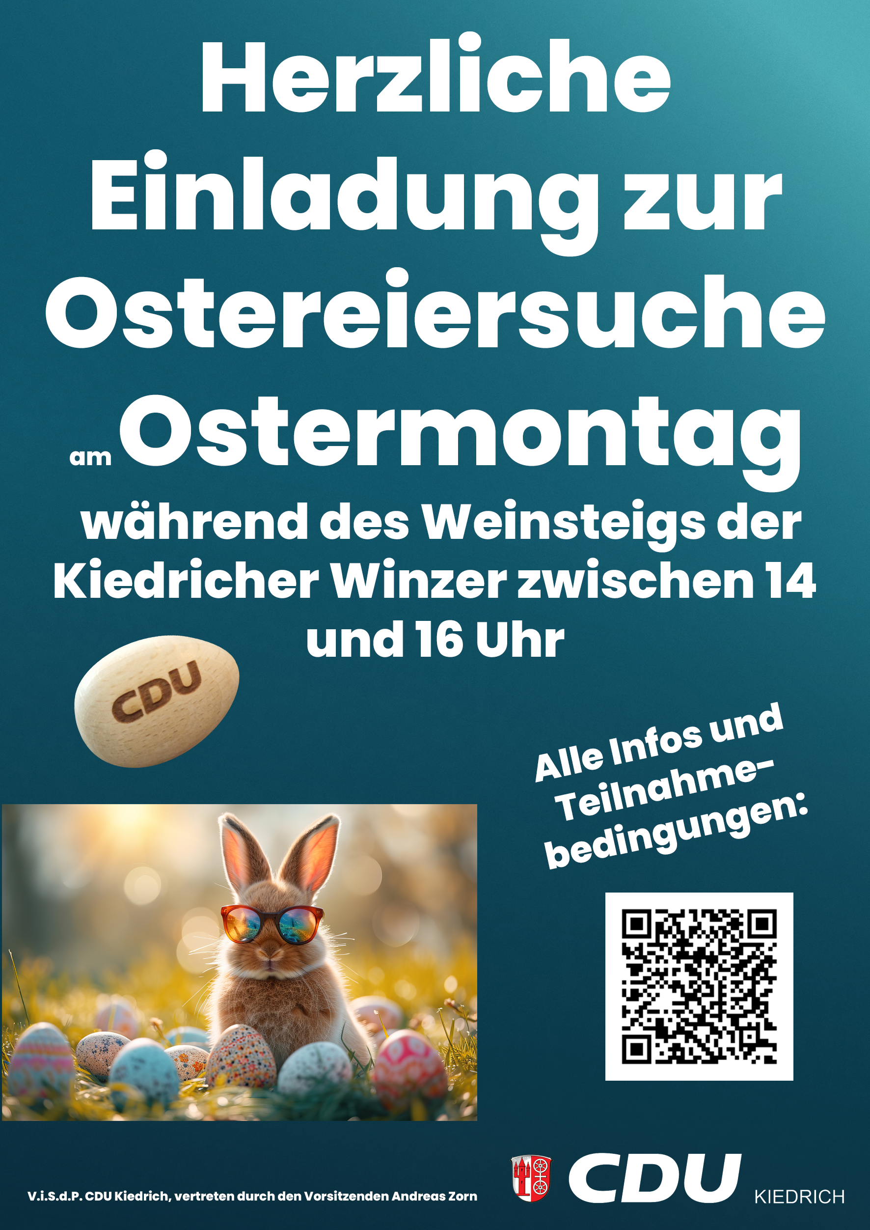 Plakatwerbung auf dem unter anderem ein Hase mit Sonnenbrille und aufgestellten Ohren zwischen 10 unten Ostereiern sitzt. Der Hintergrund ist verschwommen.