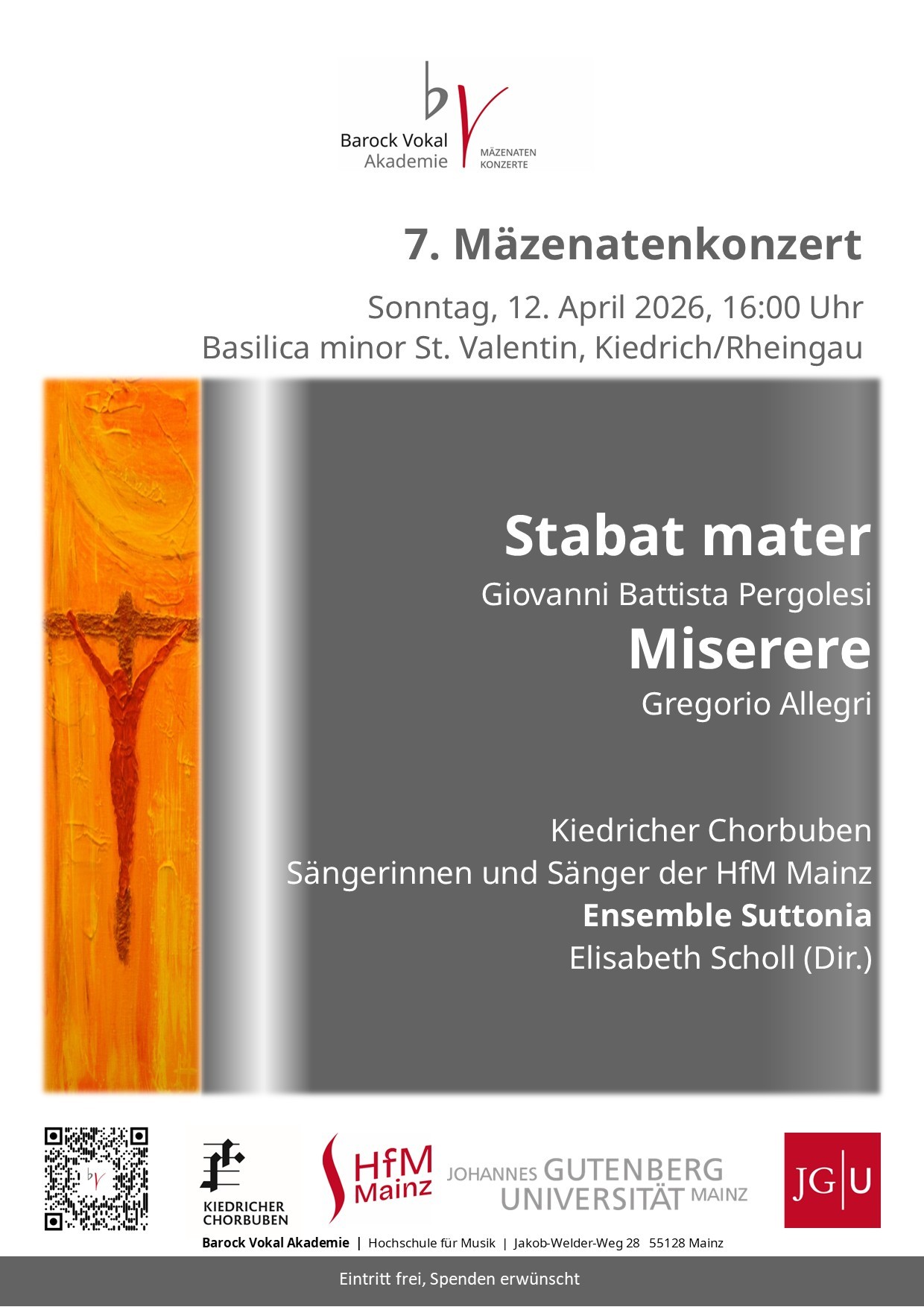 Plakatwerbung. Links ist ein Gemälde in gelb-orange mit einem braunem Kreuz, an dem in rot eine Jesufigur hängt.