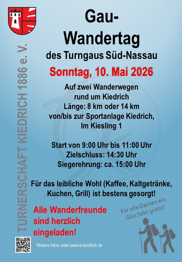Plakatwerbung in blau auf der zwei Strichmänchen mit Rucksack undf Wanderstab rechts unten abgebildet sind. Links ist das Logo der Turnerschaft, ein weißer Turm, daneben weiße Streifen auf einem roten Wappen.