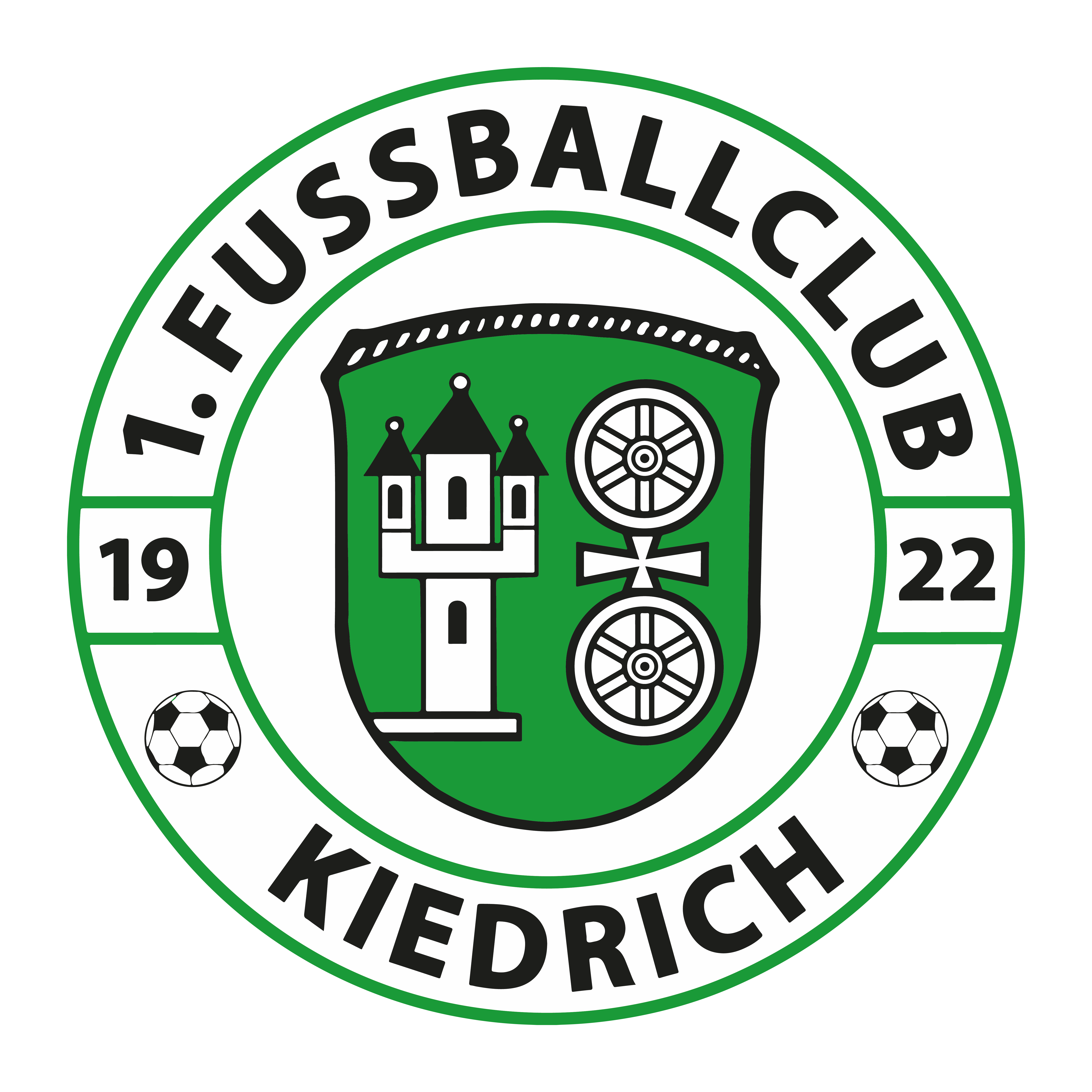Rundes Logo mit rundem schwarzem Schriftzug und grünem Rand und zwei Fußbällen, in der Mitte in weiß das Kiedricher Wappen mit Turm und dem mit dem Kreuz verbundenem Doppelrad auf grünem Hintergrund.