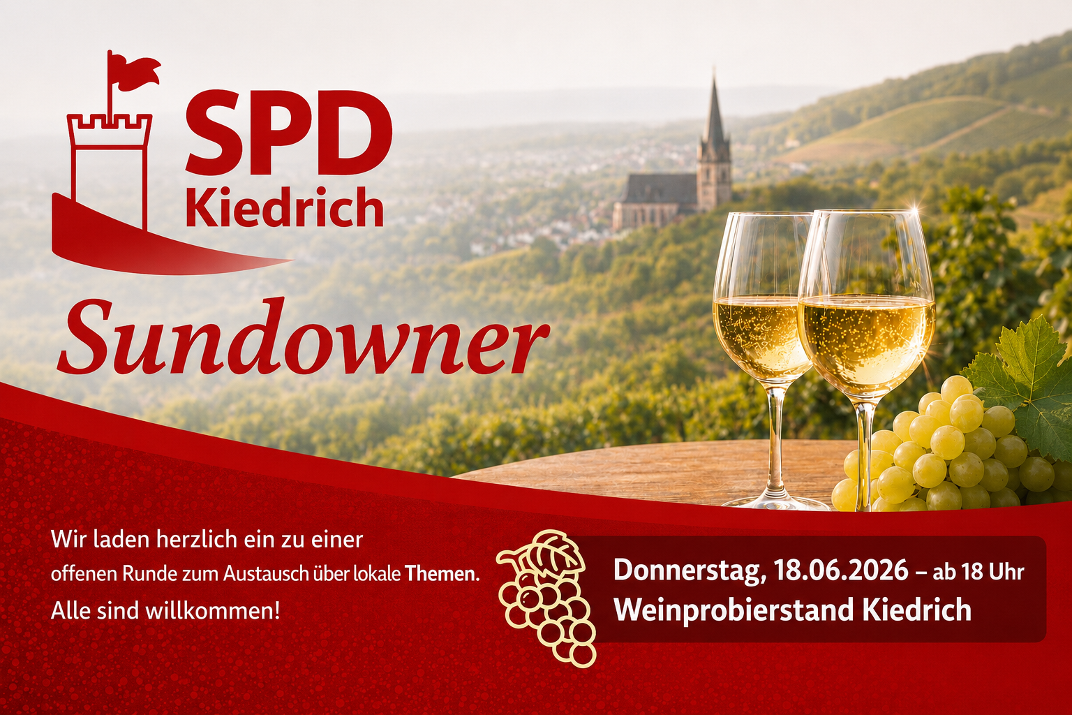 Im rechten Bildbereich ist ein ovaler Holztisch mit grünen Trauben und zwei gefüllten Weißweingläsern zu sehen. Im Hintergrund erkennt man verschwommen Bäume, Weinberge und eine braune Kirche. Der untere Bildbereich ist rot mit helleren Punkten und einer gezeichneten Traube in beige in der Mitte. Im linken Bildrand ist das Logo der SPD Kiedrich, eine rote, gezeichnete Burg mit Zinnen und und einer Fahne, zu erkennen.