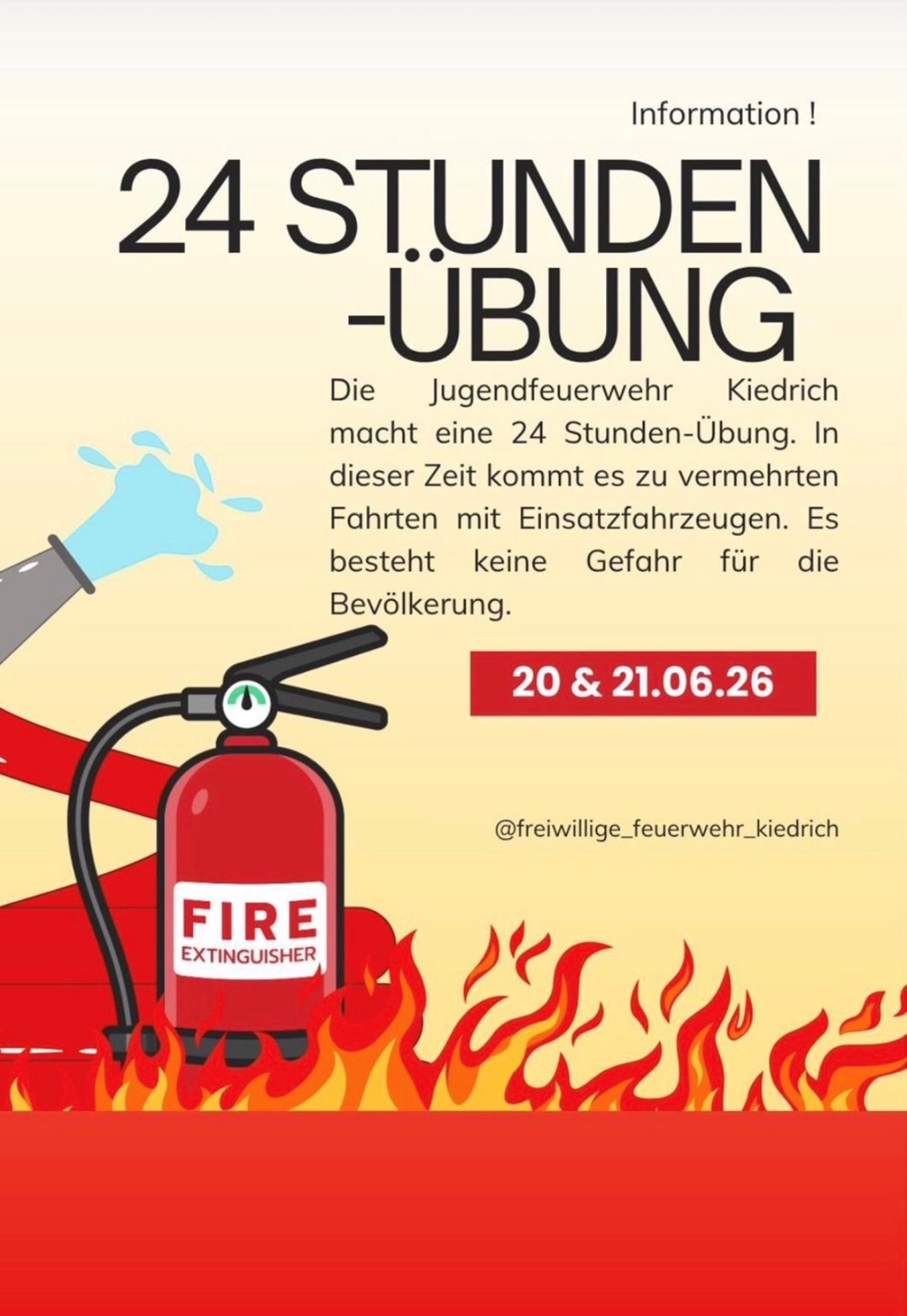 Plakatwerbung mit einem gezeichnetem Feuer im unteren Bild und links ein roter Feuerlöscher und ein Schlauch, aus dem Wasser spritz.