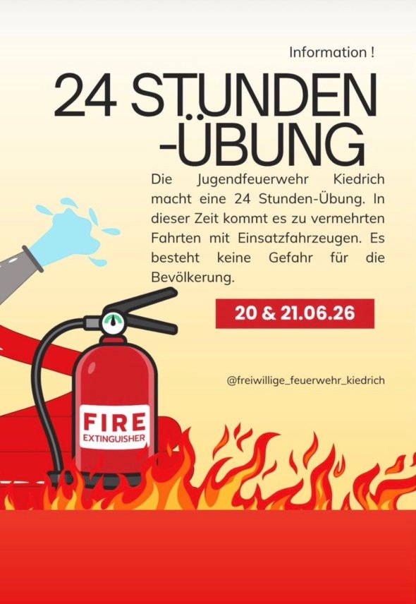 Plakatwerbung mit einem gezeichnetem Feuer im unteren Bild und links ein roter Feuerlöscher und ein Schlauch, aus dem Wasser spritz.