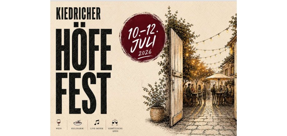 Plakatwerbung in beige. Links steht KIedricher Höfefest und in einem weinroten Kreis das Datum. Rechts ist ein offenes hölzernes Hoftor gezeichnet, neben dem ein Blumenkübel mit einer Grünpflanze steht. Im Hof sind Lichterketten aufgehängt, stehen Stehtische mit Getränken und ein beiger offener Sonnenschirm. Um die Stehtische stehen Menschen. Das Bild ist gezeichnet.