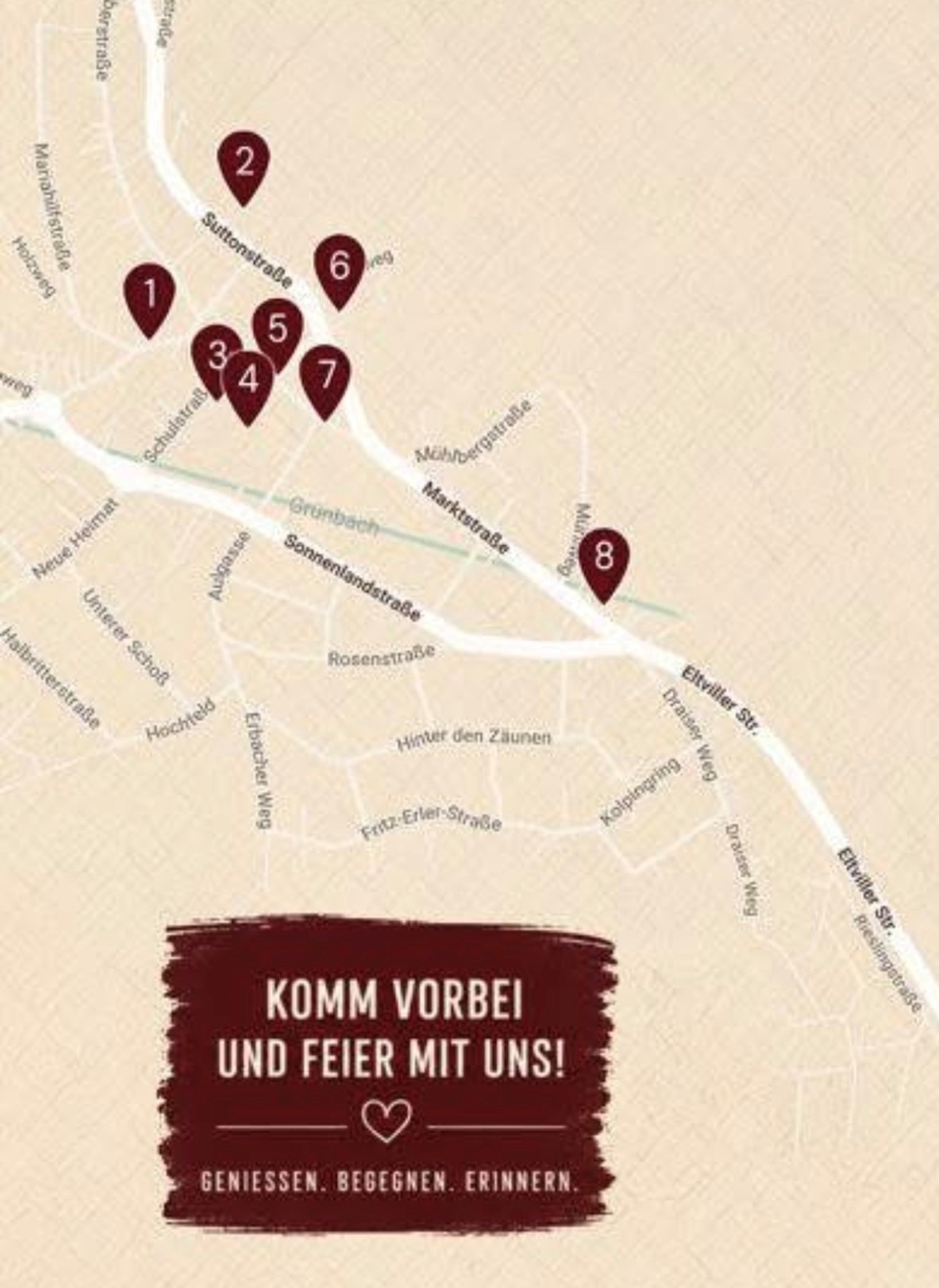 Ortskarte in beige-weiß, auf der mit weißen Zahlen in weinroten Tropfen, die Adressen der teilnehmenden Winzer eingezeichnet sind.  