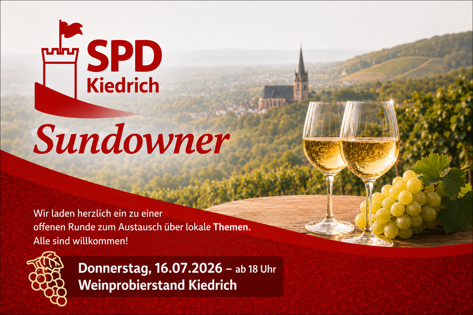 Im rechten Bildbereich ist ein ovaler Holztisch mit grünen Trauben und zwei gefüllten Weißweingläsern zu sehen. Im Hintergrund erkennt man verschwommen Bäume, Weinberge und eine braune Kirche. Der untere Bildbereich ist rot mit helleren Punkten und einer gezeichneten Traube in beige links. Im linken Bildrand ist das Logo der SPD Kiedrich, eine rote, gezeichnete Burg mit Zinnen und und einer Fahne, zu erkennen.