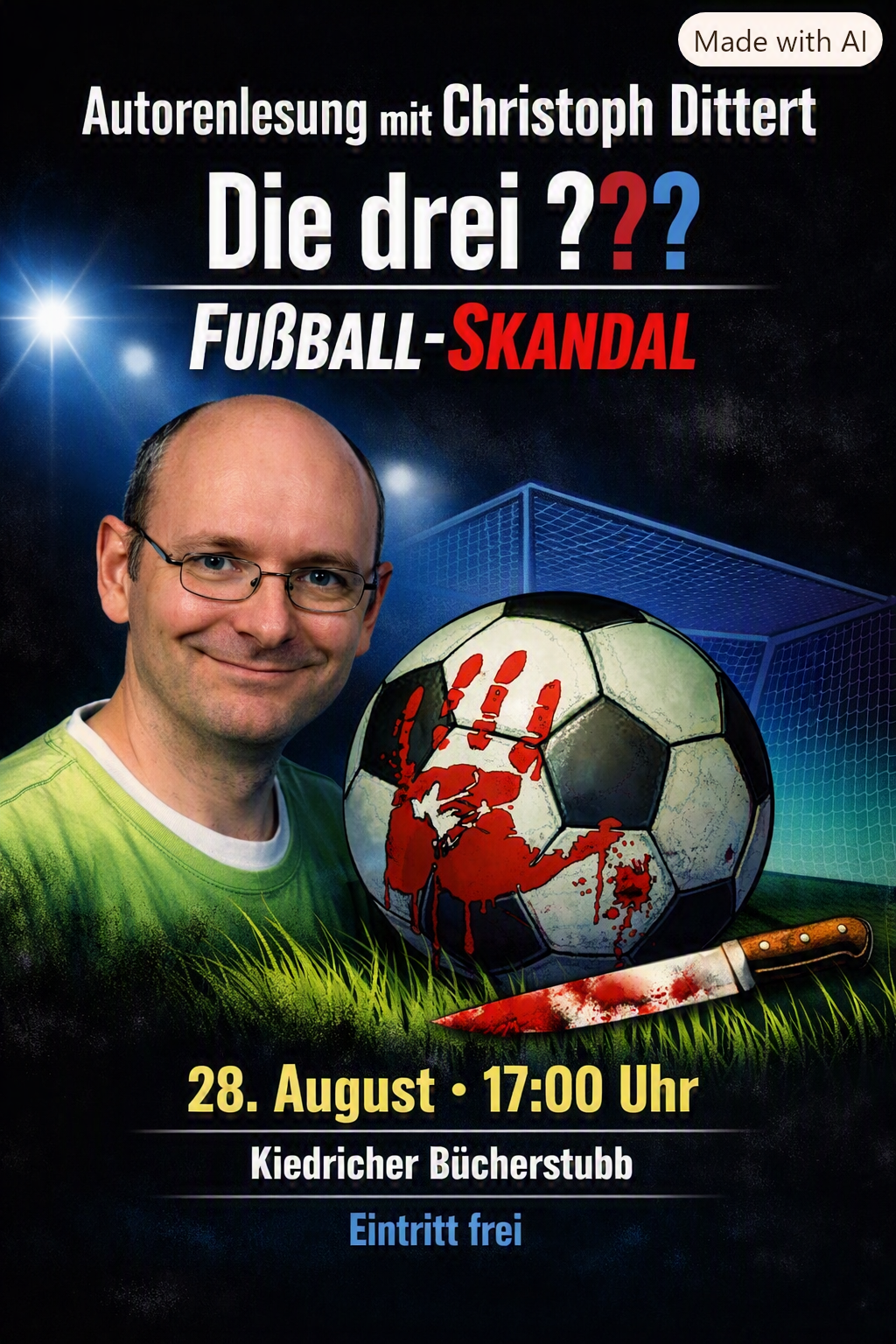 Ein dunkler HIntergrund mit drei Lichtkegeln von Scheinwerfern mit einem Fußballtor, einem Fußball mit einer blutigem Handabdruck und eine blutiges Messer, das im Gras liegt. Links davon ist ein Mann mit einer Brille, einer Halbglatze und einem grünem Shirt nter dem ein weißes Shirt am Hals durchschaut.