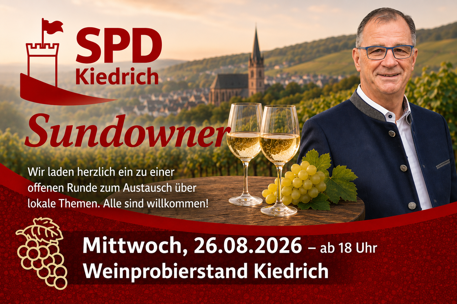 Im rechten Bildbereich ist ein Mann mit Brille, weißem Hemd und blauer Trachtenjacke. Daneben ist ein ovaler Holztisch mit grünen Trauben und zwei gefüllten Weißweingläsern zu sehen. Im Hintergrund erkennt man verschwommen Bäume, Weinberge und eine braune Kirche. Der untere Bildbereich ist rot mit helleren Punkten und einer gezeichneten Traube in beige links. Im linken Bildrand ist das Logo der SPD Kiedrich, eine rote, gezeichnete Burg mit Zinnen und und einer Fahne, zu erkennen.