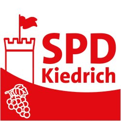Logo SPD- Auf weißem Untergrund ist die Burgruine Scharfenstein mit einer roten wehenden Fahne gezeichnet und ein Hang, in dem in weiß eine Traube abgebildet ist. In roten Buchstaben steht rechts neben der Burg SPD Kiedrich.