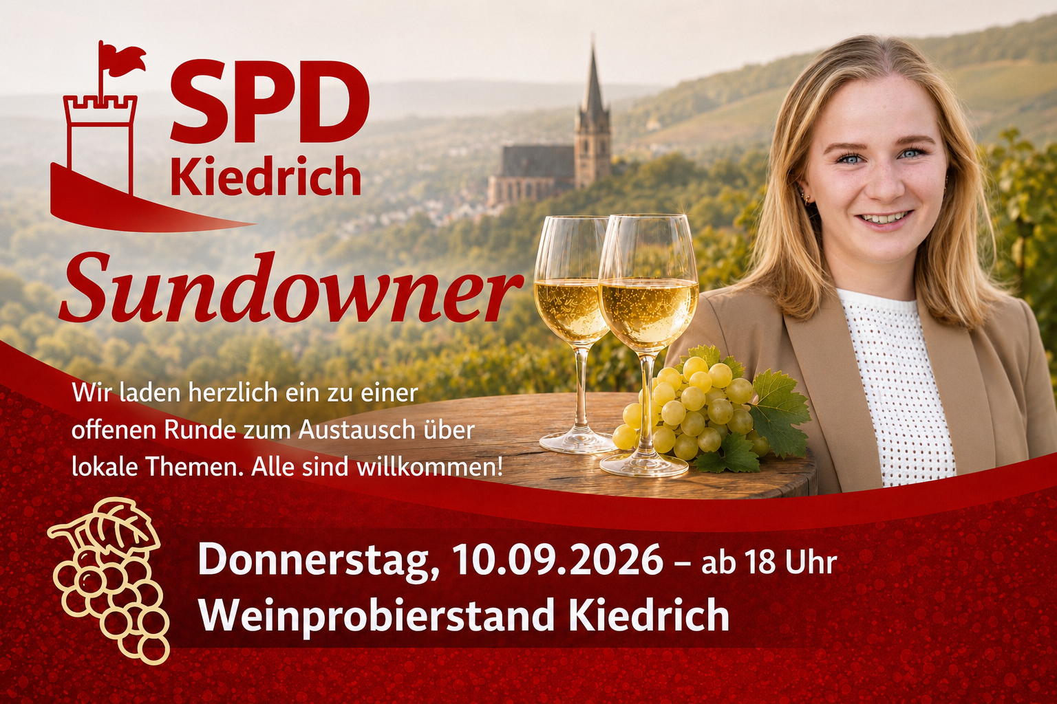 Im rechten Bildbereich ist eine Frau mit blonen, offenen Haaren, einem beigem Blazer und einem weißem Shirt mit Löchern zu sehen. Daneben ist ein ovaler Holztisch mit grünen Trauben und zwei gefüllten Weißweingläsern zu sehen. Im Hintergrund erkennt man verschwommen Bäume, Weinberge und eine braune Kirche. Der untere Bildbereich ist rot mit helleren Punkten und einer gezeichneten Traube in beige links. Im linken Bildrand ist das Logo der SPD Kiedrich, eine rote, gezeichnete Burg mit Zinnen und und einer Fahne, zu erkennen.