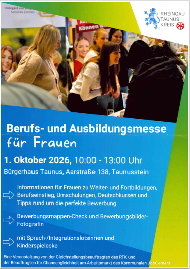 Plakatwerbung in blau und grün. Oben sind mehrere Frauen vor Roll-Ups abgebildet.