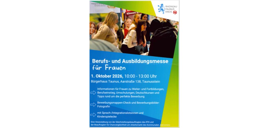 Plakatwerbung in blau und grün. Oben sind mehrere Frauen vor Roll-Ups abgebildet.