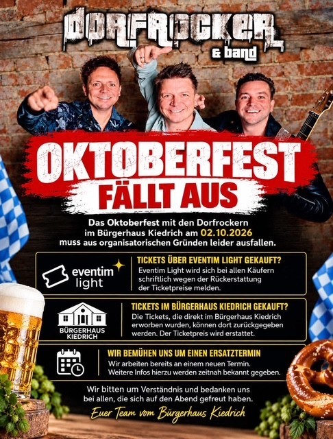 Eine Plakatwerbng mit drei Männern mit kurzen Haaren, bayrischen Fahnen, einem Maß Bier und einer Laugenbrezel sowie Informationen.