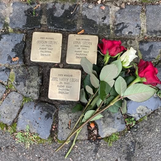 In einem gepflasterten Bogen sind drei goldene Pflastersteine mit Aufschrift. Rechts daneben liegen zwei rote und eine weiße Rose.