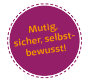 Ein lila Kreis mit lila Strichen um den Kreis. Im Kreis ist in weißer und oranger Farbe etwas geschrieben.
