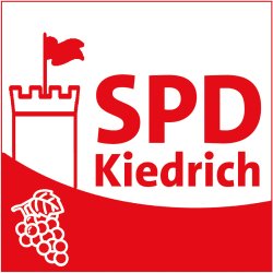 Logo SPD- Auf weißem Untergrund ist die Burgruine Scharfenstein mit einer roten wehenden Fahne gezeichnet und ein Hang, in dem in weiß eine Traube abgebildet ist. In roten Buchstaben steht rechts neben der Burg SPD Kiedrich.