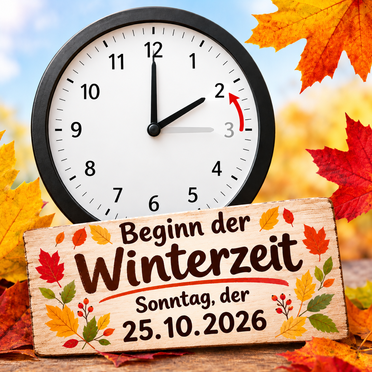 Man sieht eine schwarz-weiße Uhr, bei der die Zeiger auf 2 Uhr stehen. Ein roter Pfeil zeigt von der 3, auf die ein grauer Pfeil zeigt, auf die 2. Vor der Uhr ist ein Holzschild mit bunten Blättern und dem Text "Beginn der Winterzeit Sonntag, der 25.10.2026". Neben der Uhr sind ebenso rötliche Blätter und oben ein lauer Himmel.