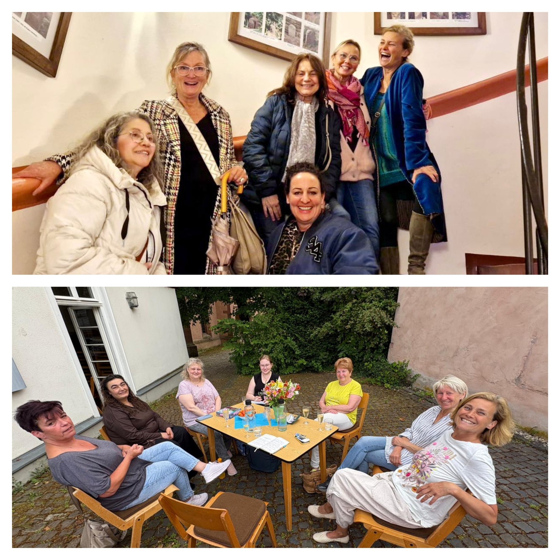 Im oberen Bild stehen sechs Frauen auf einer Wendeltreppe und lachen. Sie tragen Jacken. Im unterem Bild sitzen sieben Frauen auf Holzstühlen um einen Holztisch , auf dem ein bunter Blumenstrauß und Gläser stehen.