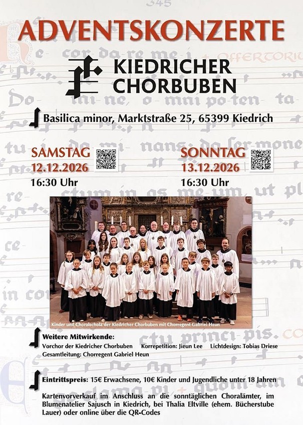 Plakatwerbung für ein Adventskonzert. Auf dem Plakat sind zwei Bilder. Auf dem Bild stehen Kinder und Männer in weißen Gewändern und schwarzen Unterröcken. Sie stehen vor einem  Altar, auf dem sechs hohe beige Kerzen brennen. Dahinter ist ein Hochaltar, der reichlich verziert ist.
