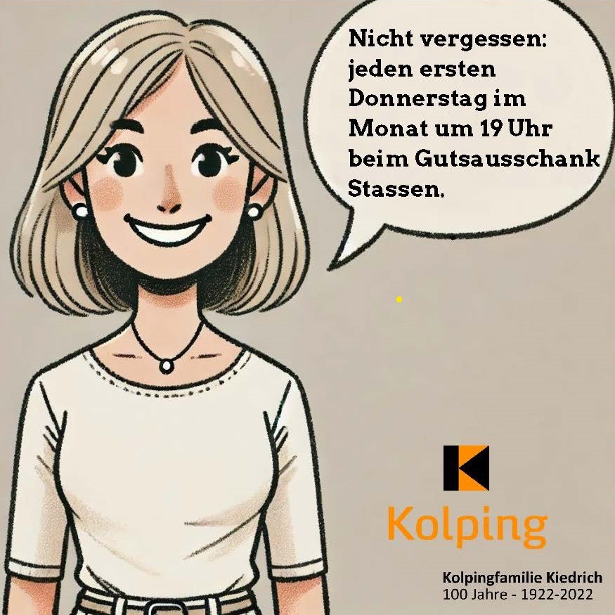 Vor einem beigen Hintergrund steht eine gezeichnete Frau mit beigem Gürtel und beigem T-Shirt und Kette mit einem Anhänger in Kreisform, runden Ohrsteckern, offenem Lachen und kinnlangen Haaren. Rechts von ihr ist eine Sprechblase mit dem Hinweis auf den monatlichen Stammtisch.