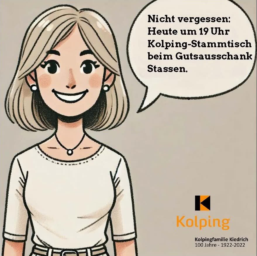 Vor einem beigen Hintergrund steht eine gezeichnete Frau mit beigem Gürtel und beigem T-Shirt und Kette mit einem Anhänger in Kreisform, runden Ohrsteckern, offenem Lachen und kinnlangen Haaren. Rechts von ihr ist eine Sprechblase mit dem Hinweis auf den monatlichen Stammtisch.