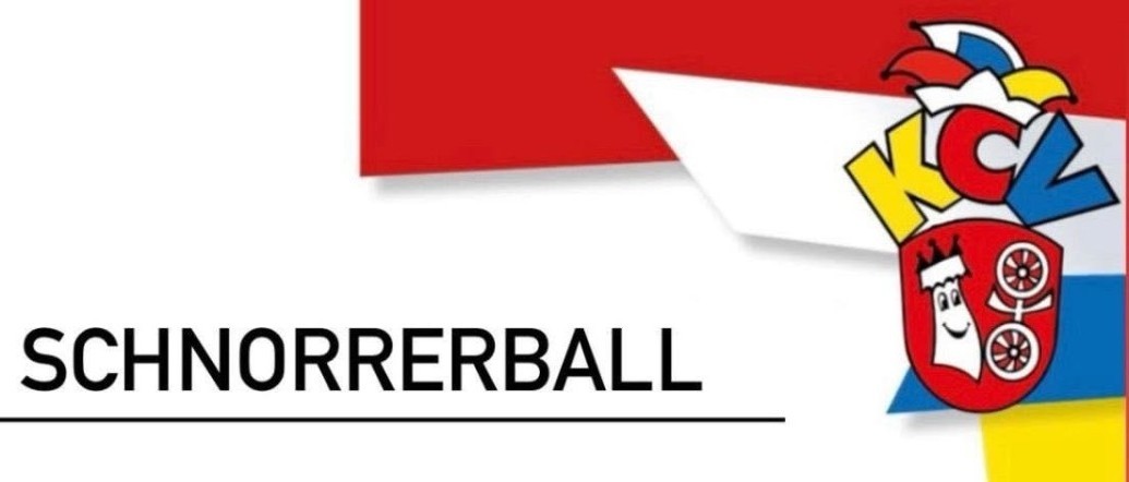 Werbung des KCV in rot, blau und gelb und dem Kiedricher Wappen in rot mit dem Scharfenstein in weiß und dem weißen Doppelrad. Links steht das Wort Schnorrerball.