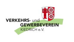 Schwarzer Schriftzug Verkehrsverein Kiedrich 1949 e.V. oberhalb einer hell- und dunkelgrünen Fläche und links vom rot-weißen Kiedricher Wappen mit dem Turm und dem mit einem kreuz verbundenem Doppelrad.