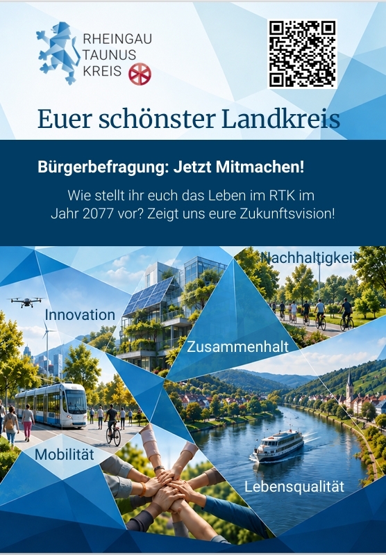 Plakatwerbung in blau-weiß gehalten mit dem Löwen-Wappen des RTK und Darstellung einer Drohne, Fahrradfahrern, einem Schiff, einer Straßenbahn, einem begrüntem Hochhaus mit Solarfläche und zehn Händen, die sich sternförmig anfassen.